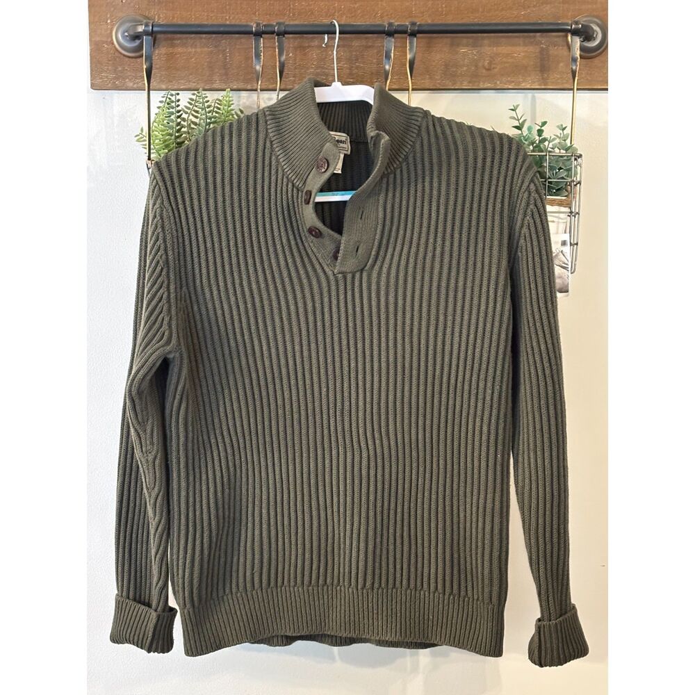 Army Green Vintage ribbed knit cotton Henley mock neck sweater